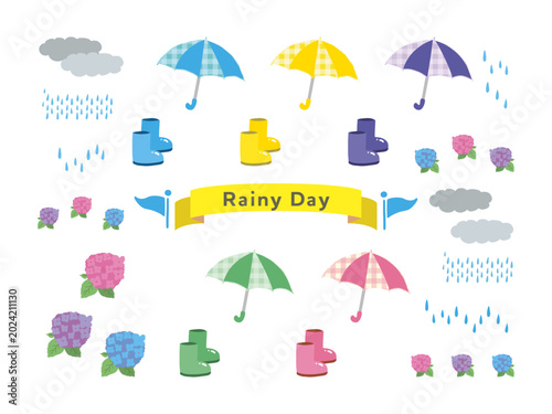 Schilderij op canvas Hand-drawn rainy day icon set　手書きの傘や長靴、紫陽花の梅雨イメージイラストセット
