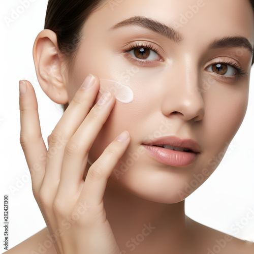 Beautiful Young Woman Applying Moisturizing Cream to Her Face for Healthy, Radiant Skin