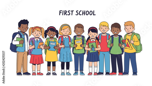 First School Children Ready to Learn: A diverse group of elementary school children, each holding books and wearing backpacks, stand together with smiling faces.