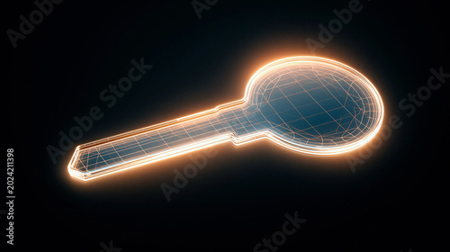 Minimalist glowing wireframe key on a dark background, representing digital access, cybersecurity, and future solutions.