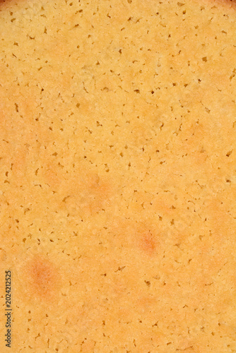 Fényképezés Macro background of a golden baked shortbread biscuit surface showing a crumbly porous texture made from butter flour and sugar