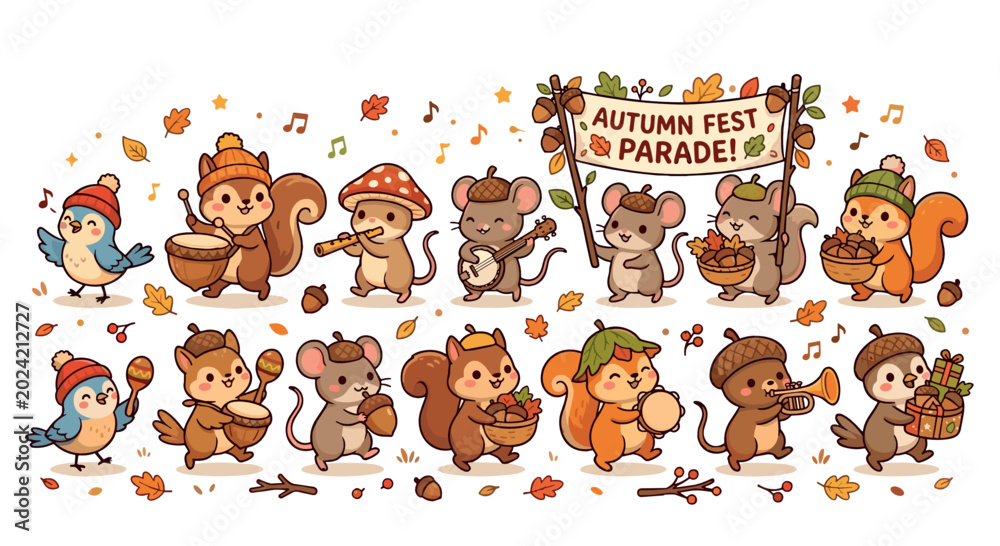Fototapeta premium Kawaii Autumn Fest Animal Parade with Music