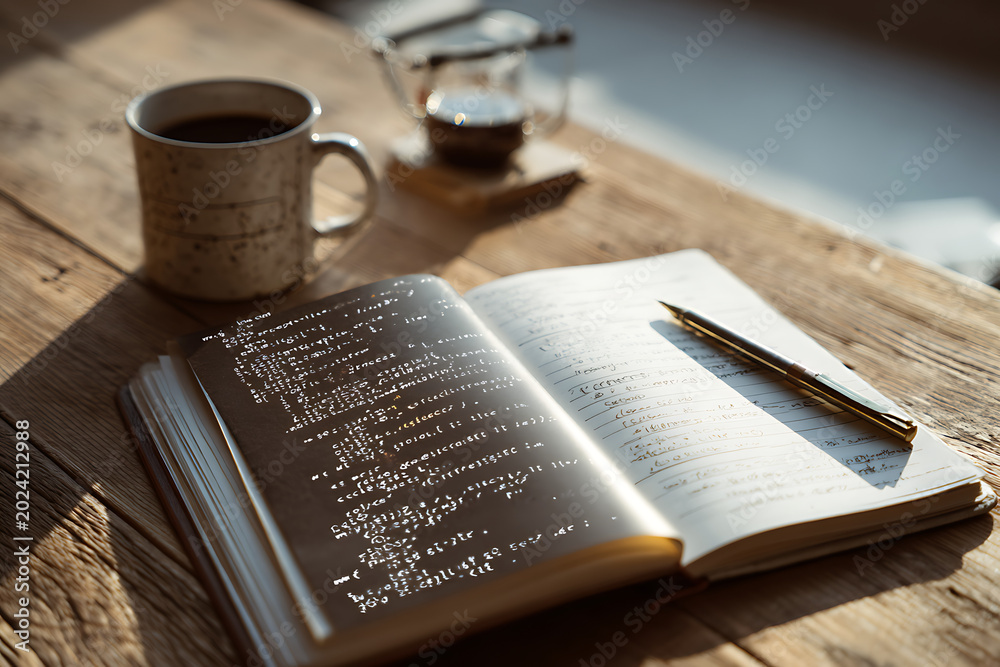 Fototapeta premium An open notebook with a pen resting on the right page displaying handwritten text and the left page showing illuminated lines of code is placed beside a coffee cup on a rustic wooden desk