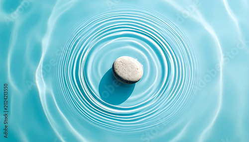 A single smooth light-colored pebble stone centered in the middle of perfect concentric water ripples and soft caustics on a calm light blue liquid surface. 
