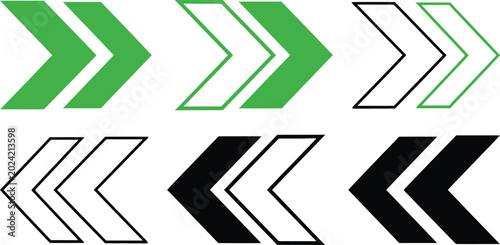 Collection of directional chevron arrows in green black outline on white background direction backward previous navigation decision movement