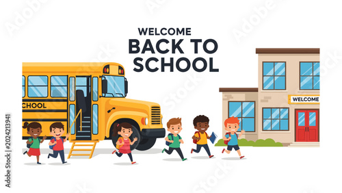 Bild auf Leinwand Welcome Back to School: A vibrant scene depicts cheerful children disembarking from a school bus and running towards a school building, ready to embrace a new academic year