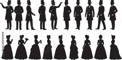 Victorian silhouette illustration of elegant men and women in formal attire, showcasing vintage fashion, historical style, and classic 19th‑century design for art and decor.
