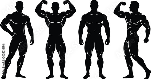 Silhouette illustration of muscular male bodybuilder poses showing strength, fitness, and power for gym, workout, health, and sports design concepts.
