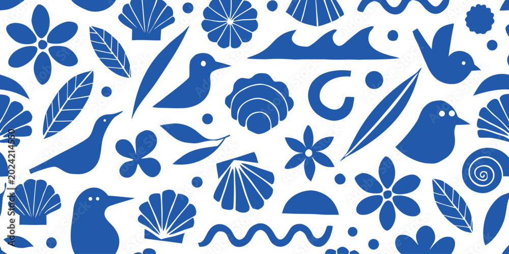 Naklejka premium Abstract blue and white pattern with seashells birds and flowers minimalist organic shapes background in flat style