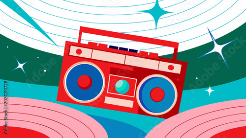 80s synthwave boombox floating among Saturn's rings, vibrant vector art, space pop style.