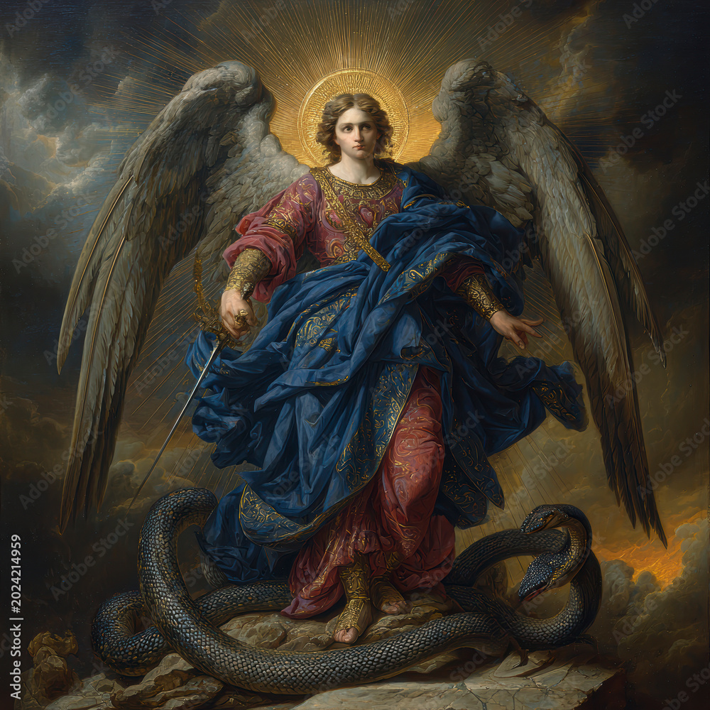 Obraz premium Majestic Angelic Warrior in Clouds – Generative AI – no real persons