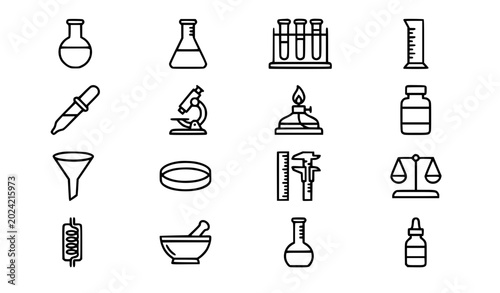 Foto Science and Laboratory Equipment Icon Set Featuring Flasks, Microscope, Test Tub