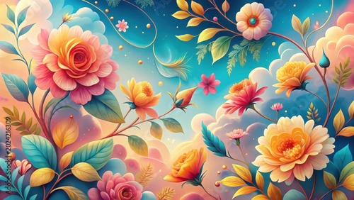 Whimsical Blooms Flourishing in a Dreamlike Celestial Garden, Adorned with Vibrant Hues and Enchanting Details