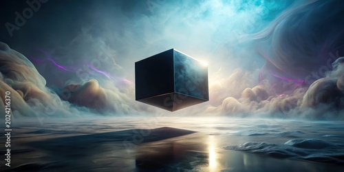 A Mysterious Cube Hovers Over a Dreamlike, Ethereal Landscape of Soft Clouds and a Calm, Reflective Water Surface