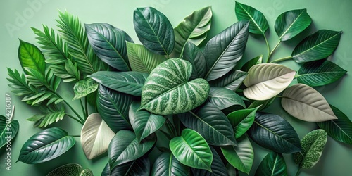 Vibrant Green Tropical Foliage Arrangement Featuring a Variety of Lush Leaf Textures and Shapes on a Soft Green Background
