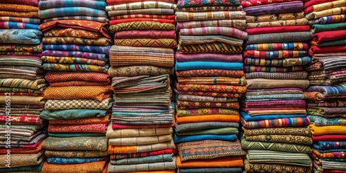 A vibrant stack of colorful textiles, folded neatly and arranged in a rich tapestry of patterns and textures, showcasing a diverse collection of fabrics