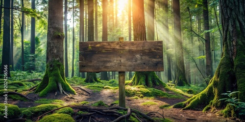 A weathered wooden signpost stands in a sun-dappled forest, inviting exploration and discovery amidst the ancient trees and mossy undergrowth.