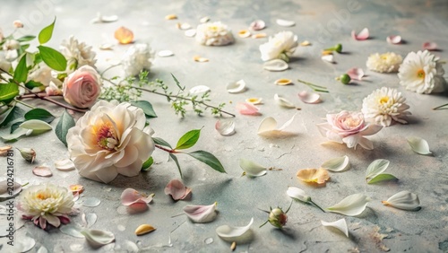 Delicate pastel blossoms scattered artfully on a textured surface, showcasing the beauty of nature's gentle hues and soft petals.