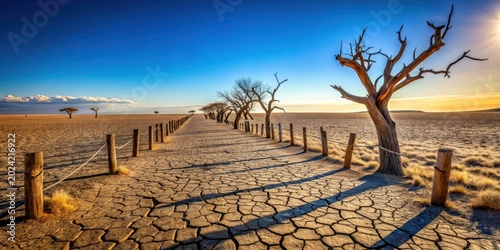 Arid Landscape Path Sunlit Pathway Lined with Dead Trees and a Rustic Fence on a Cracked Earth Surface at Dawn