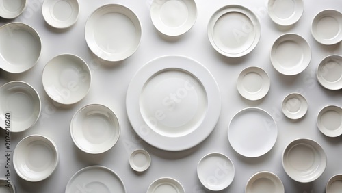 A Collection of Clean, White Porcelain Dinnerware Arranged on a Neutral Background, Showcasing Various Sizes and Shapes of Plates and Bowls for a Modern Table Setting