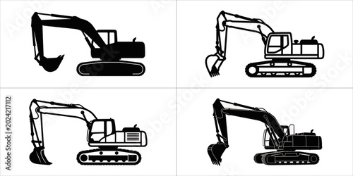 Set Heavy machinery excavators in various positions on white background