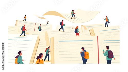 Fotografi Navigating the Labyrinth of Knowledge: Small figures traverse a surreal landscape composed of giant pages, evoking the journey of learning and discovery