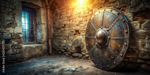 Ancient Rusty Shield Leaning Against a Stone Wall in a Dark Room