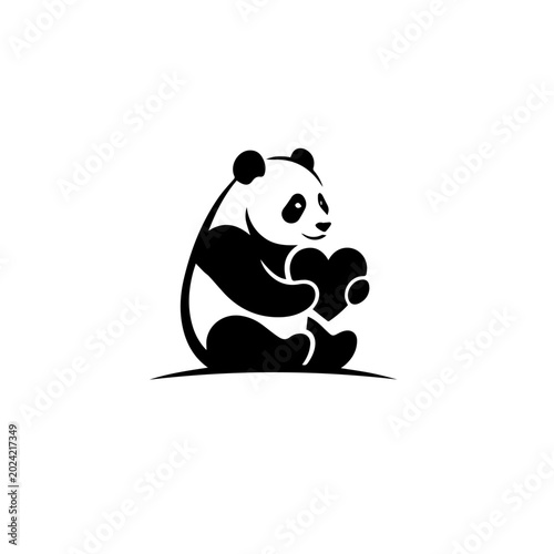 Cute Giant Panda Holding a Heart Shape Black and White Vector Logo