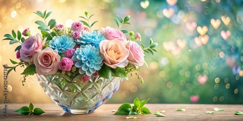A vibrant bouquet of pastel roses and blue chrysanthemums arranged in a crystal vase, set against a dreamy bokeh background
