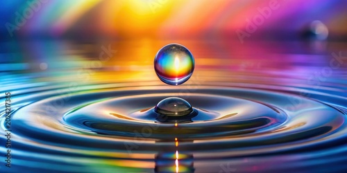 A vibrant iridescent sphere descends, impacting a tranquil surface, creating mesmerizing concentric ripples of color