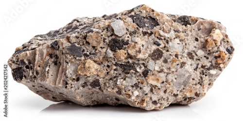 A Rough, Textured Sample of Sedimentary Rock with Varied Mineral Composition and Inclusions Displayed Against a Pure White Background