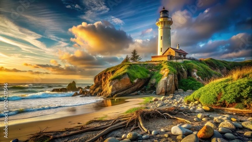 Lighthouse Sunset on a Rocky Coastline with Dramatic Clouds and Ocean Waves
