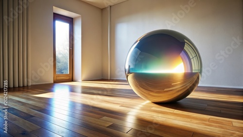 Reflective Sphere in Sunlit Minimalist Interior Room with Hardwood Floor