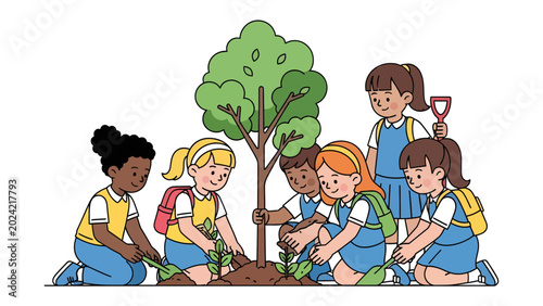 Planting the Future: A group of diverse schoolchildren actively participate in planting a tree, symbolizing their commitment to environmental stewardship and teamwork.