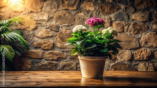 A vibrant potted plant with lush green leaves and delicate blossoms of pink and white sits on a rustic wooden table against a backdrop of a textured stone wall, illuminated by a warm, gentle light.