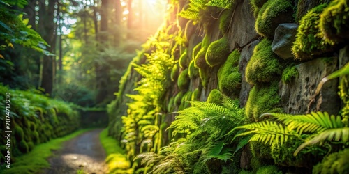 Sunlit Pathway Flanked by a Lush, Moss-Covered Stone Wall and Vibrant Ferns in a Tranquil Forest Setting