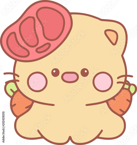 Cute Cartoon Character with Meat Hat and Carrots