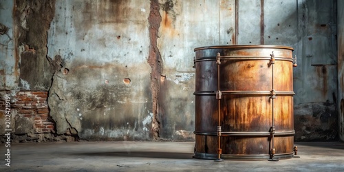 Aged metallic drum against a distressed wall background in an industrial setting
