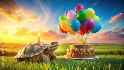 A Tortoise's Delightful Sunset Birthday Celebration Featuring a Festive Cake and Colorful Balloons