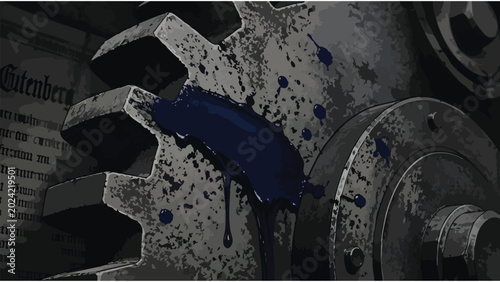Fotografie Industrial Machine Gear with Blue Paint Splatter, Manufacturing Process Detail