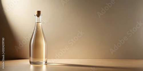 A single, elegant glass bottle with a light-colored liquid and a cork stopper sits on a light-colored surface against a neutral backdrop, illuminated by a soft, angled light source.