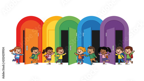 Photos Rainbow Doors to Opportunity: Diverse group of children, each representing different cultures, eagerly approach vibrant, rainbow-colored doors