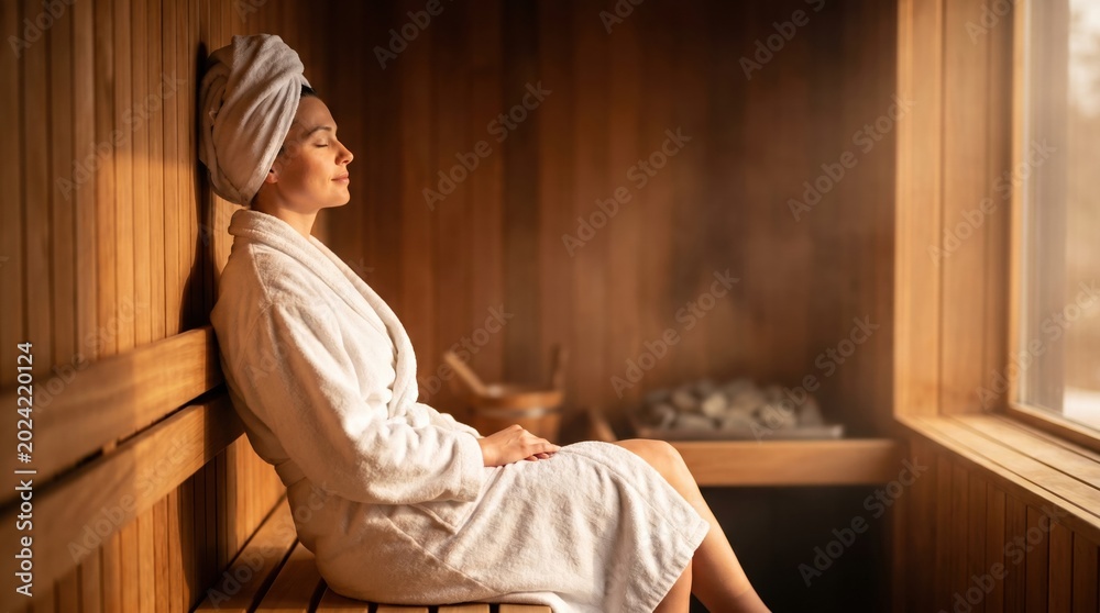 Fototapeta premium Relaxed woman in spa sauna wearing bathrobe towel on head enjoying steam and warm light