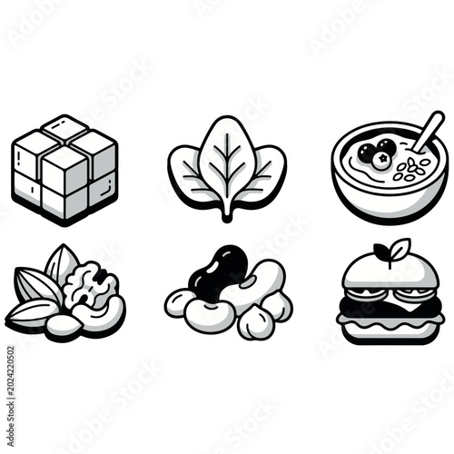 Obraz na plátne Wholesome plant based diet and vegan ingredients icon set black and white vector