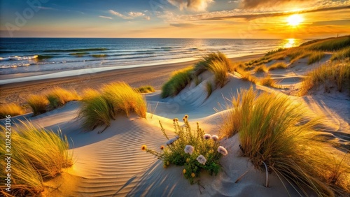 Golden Hour Serenity Coastal Dunes Basking in Sunset's Embrace