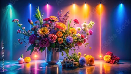 Vibrant floral arrangement in a metallic vase illuminated by colorful spotlights, complemented by a smaller bouquet and decorative elements on a reflective surface