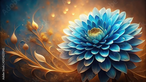 A Vibrant Azure Bloom Adorned with Golden Filigree, a Botanical Fantasy Illustration