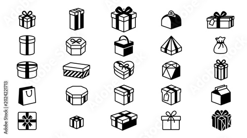 Gift box icons set with various ribbon styles, bows, and open presents in a simple line art illustration