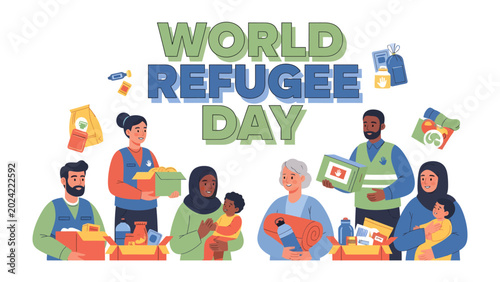 Fotografia World Refugee Day Aid: A diverse group of volunteers and refugees participate in a humanitarian effort for World Refugee Day, distributing essential supplies and offering support