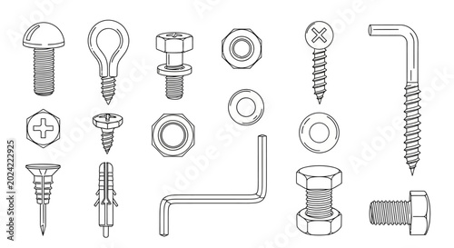 Foto Industrial hardware icons, 16 screw and bolt illustrations, black and white line